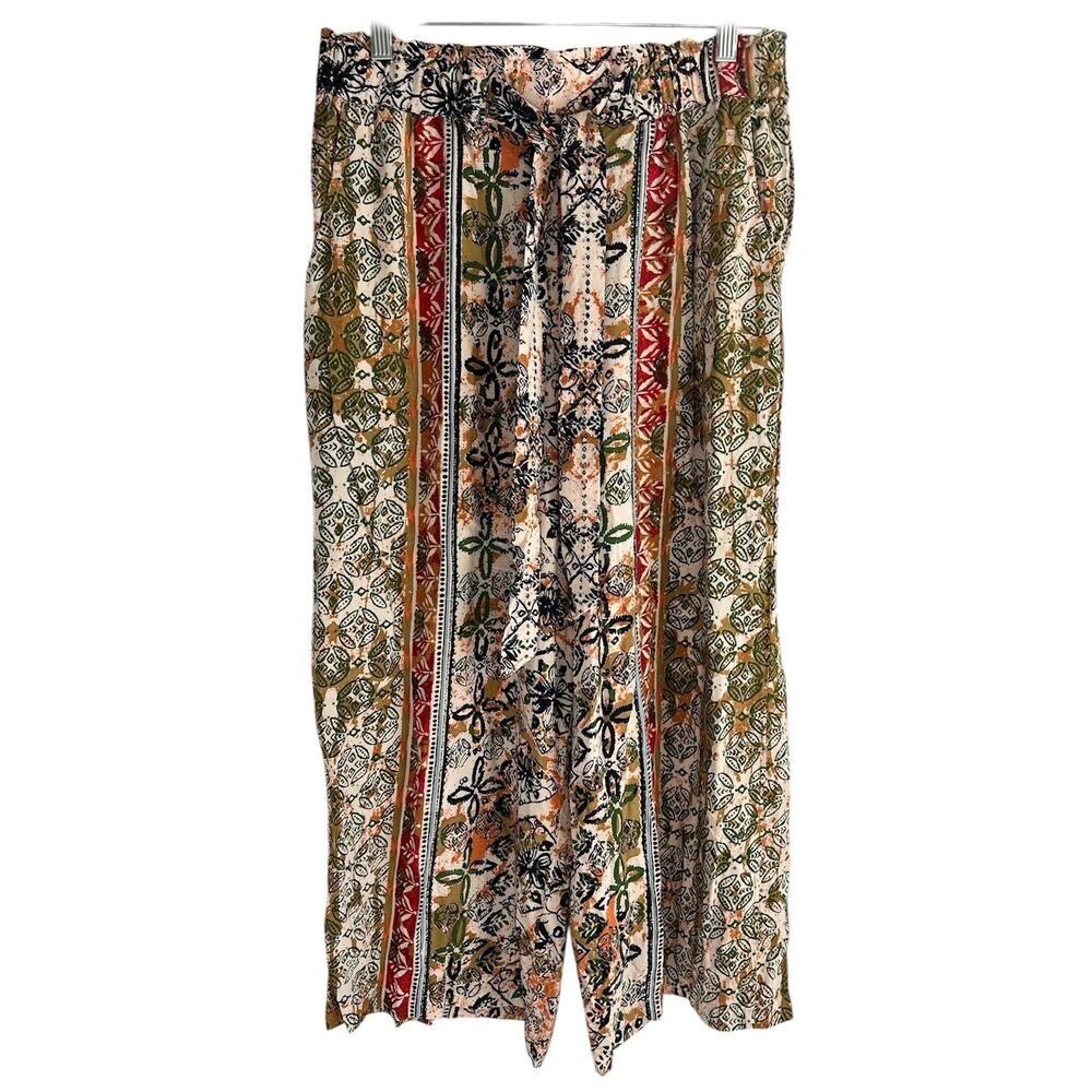 Angie Womens Large Tie Front Wide Leg‎ Boho Print Stretch Waist Palazzo Pants